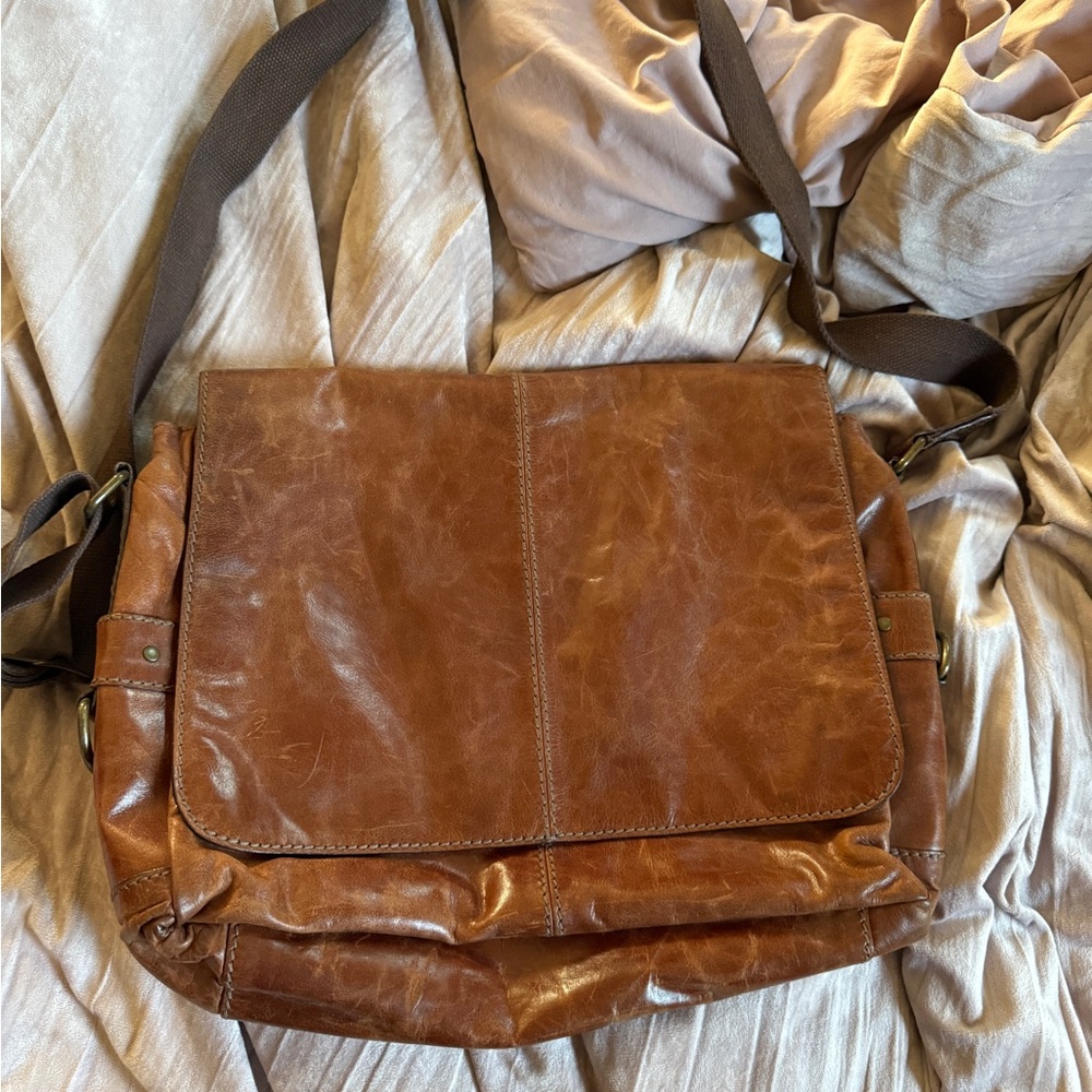 Brown Leather Messenger Bag by fossil